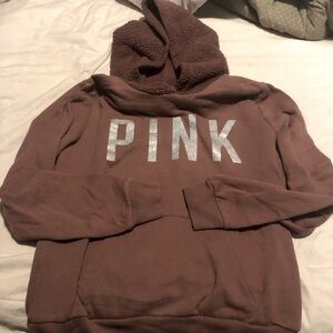 VS PINK Sherpa Hooded Sweatshirt Hoodie Slim Fit Cropped Glitter Graphic Sz S M